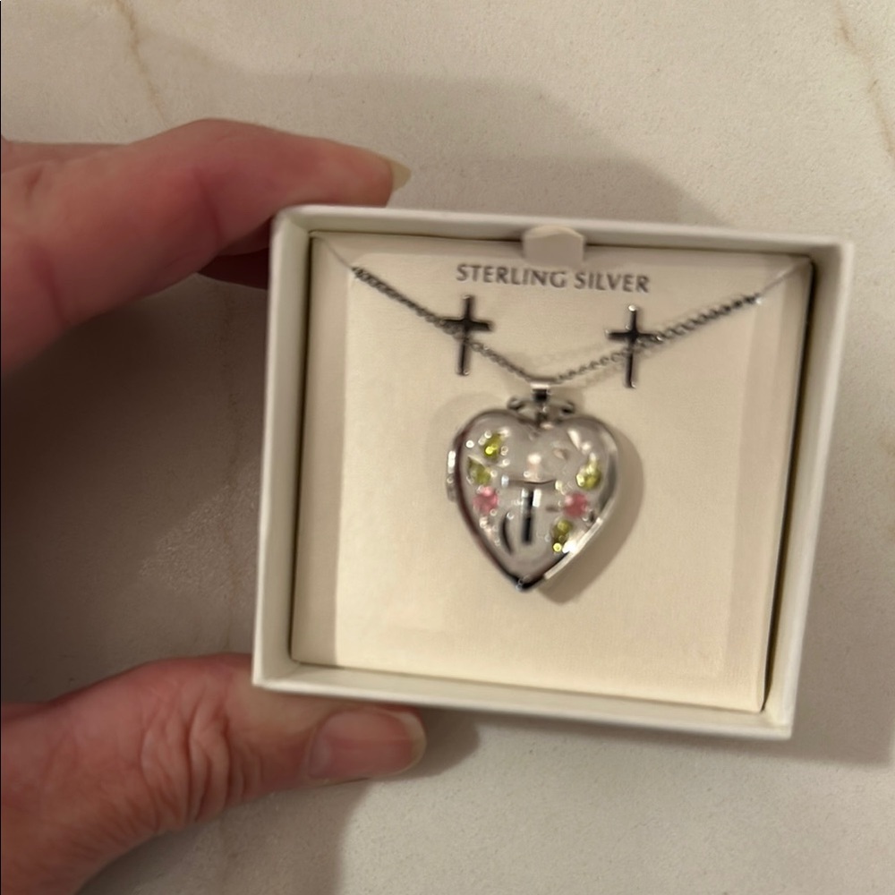 CROSS Heart Locket 18” Necklace & Cross Earrings Sterling Silver NWT - Picture 2 of 8